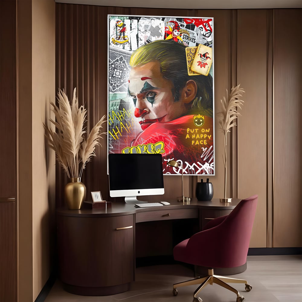 Tablou canvas cu tablou canvas cu portret joker, in rama de aluminiu argintiu, pe perete intr-un birou